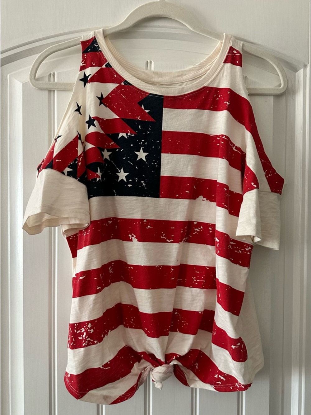 Shyanne Red, White & Navy Graphic Tie Front Cold Shoulder Tee